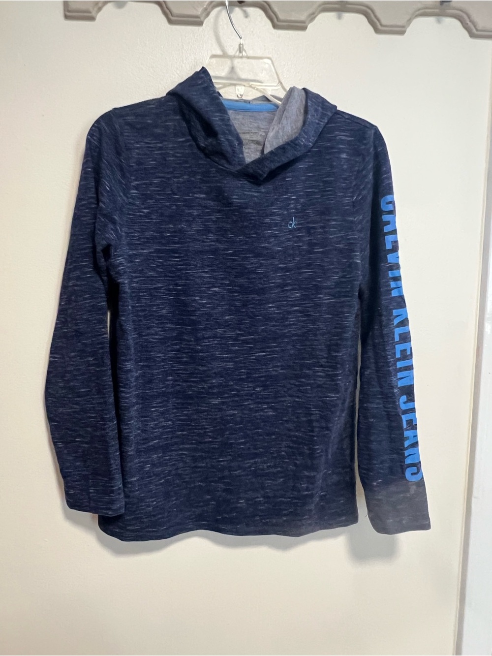 Calvin Klein Jeans Boys Large 14/16 Navy Blue Sleeve Logo Lightweight Hoodie